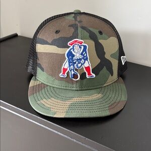 New Era Camouflage Snapback Hat with Red, Blue & White Logo